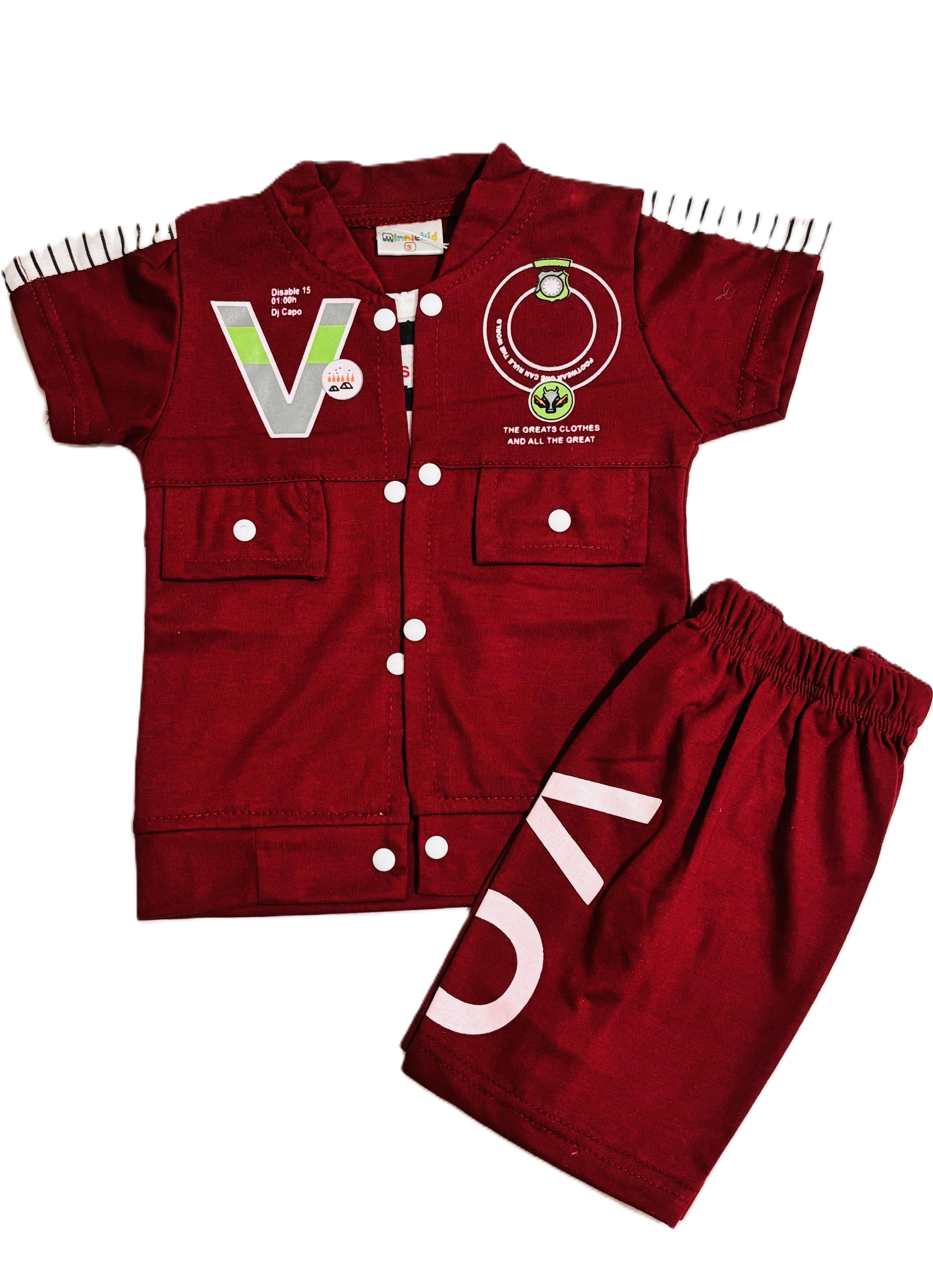 Boys Red Outfit Set – Printed T-Shirt, Shorts & Open Shirt