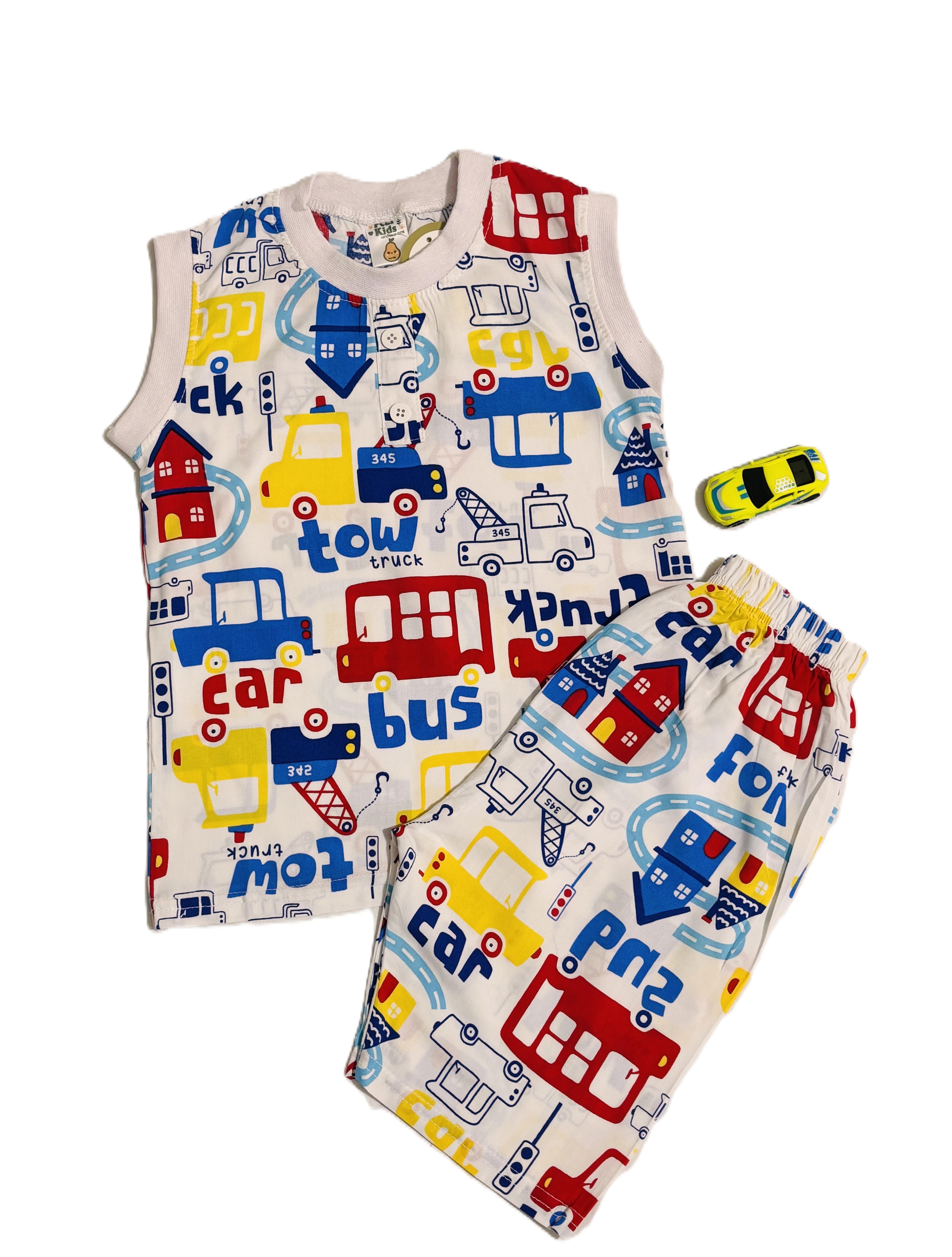 Kids Boy Car Print Sleeveless Shirt with Pant Set