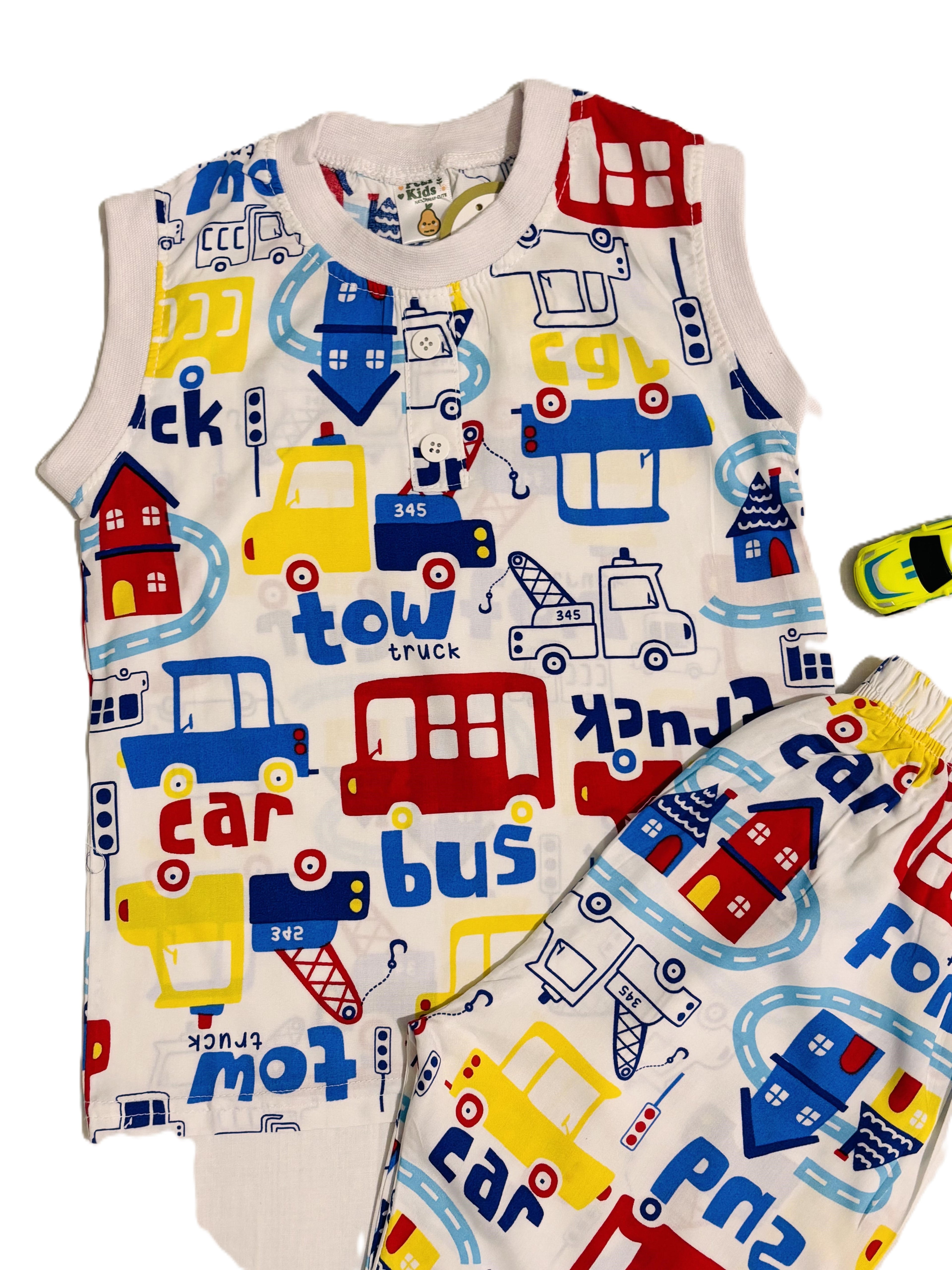 Kids Boy Car Print Sleeveless Shirt with Pant Set