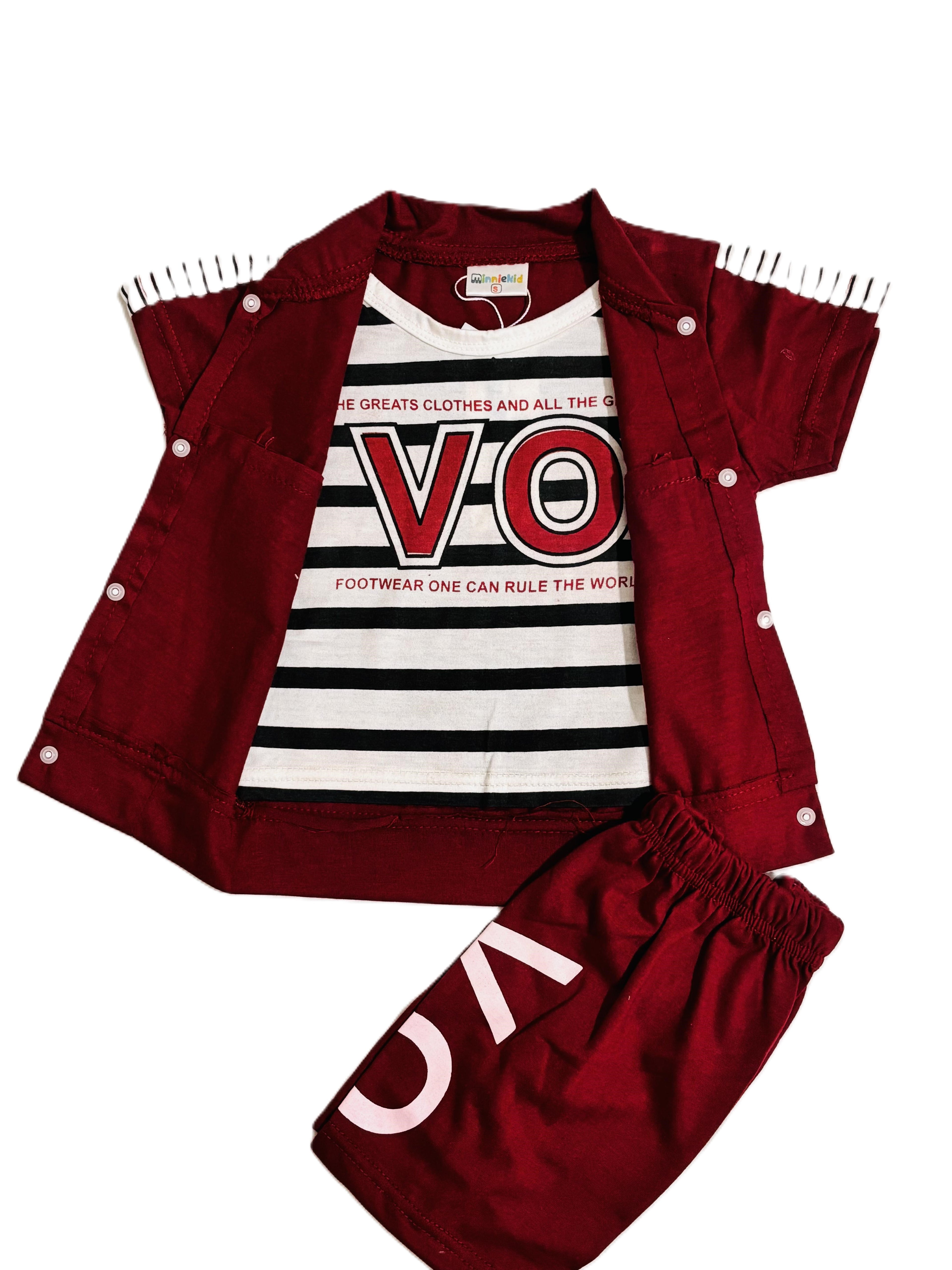 Boys Red Outfit Set – Printed T-Shirt, Shorts & Open Shirt