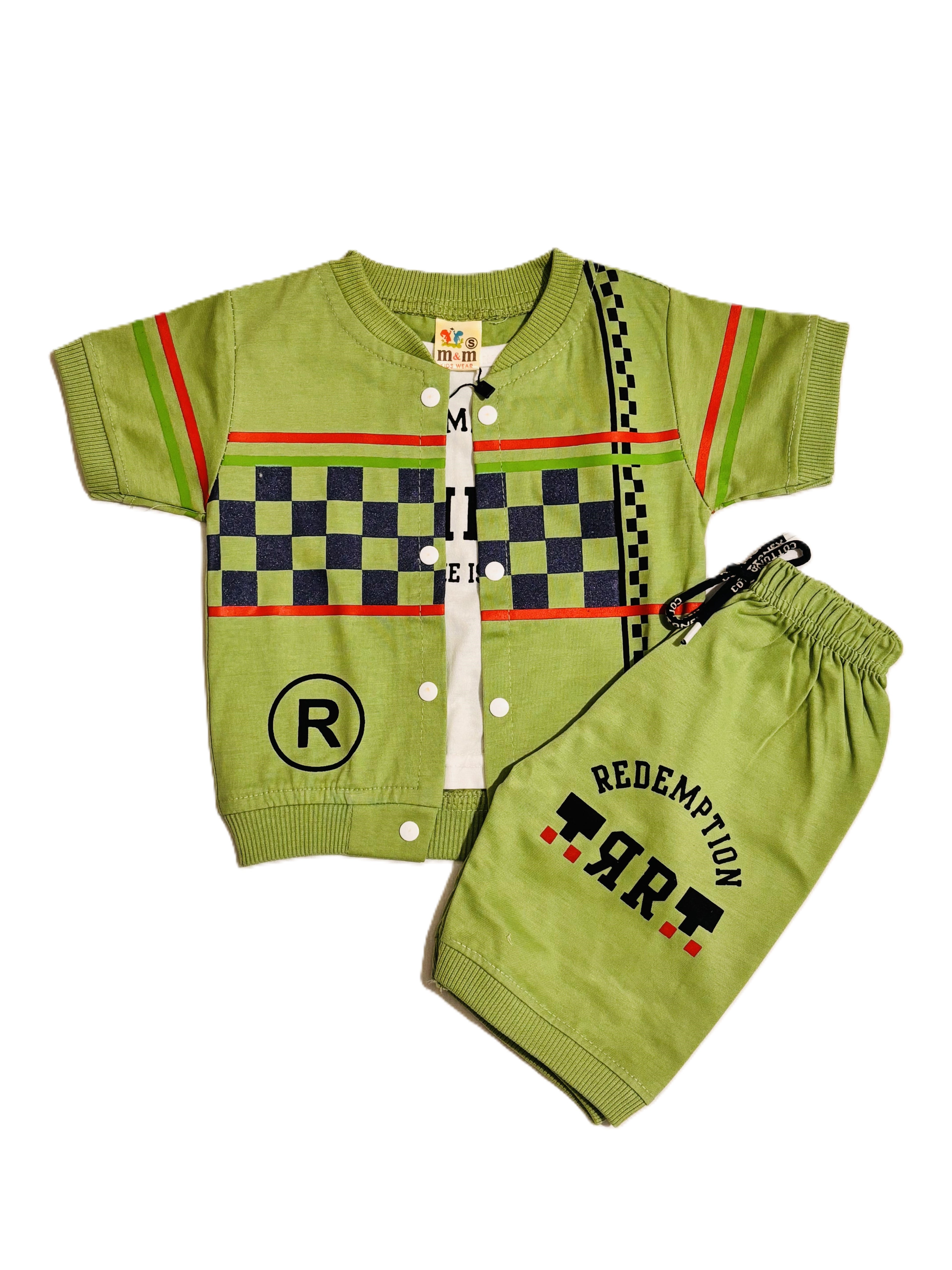 Boys Green Redemption Outfit Set – Printed T-Shirt, Shorts & Open Shirt
