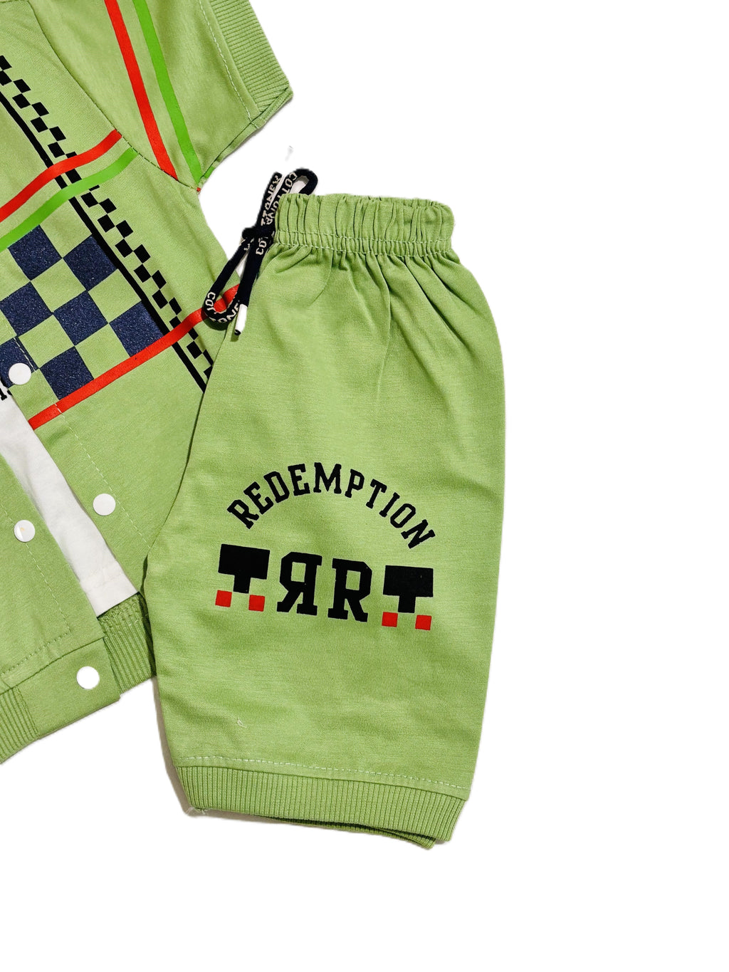 Boys Green Redemption Outfit Set – Printed T-Shirt, Shorts & Open Shirt