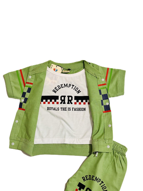 Boys Green Redemption Outfit Set – Printed T-Shirt, Shorts & Open Shirt