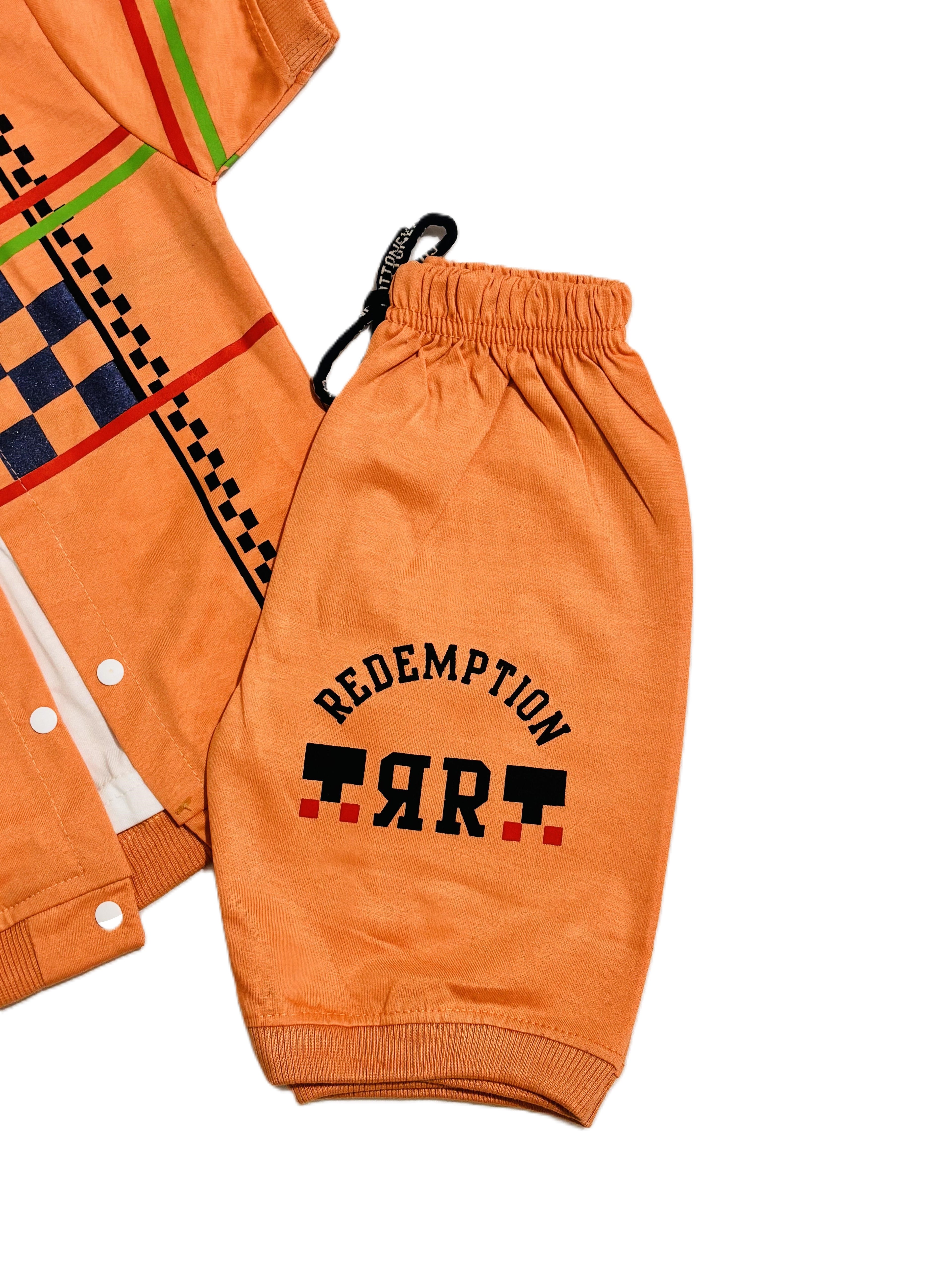Boys Orange & white Outfit Set – Printed T-Shirt, Shorts & Open Shirt