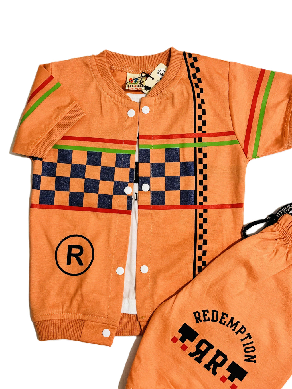 Boys Orange & white Outfit Set – Printed T-Shirt, Shorts & Open Shirt