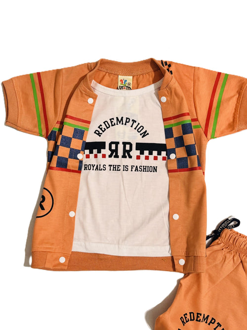 Boys Orange & white Outfit Set – Printed T-Shirt, Shorts & Open Shirt