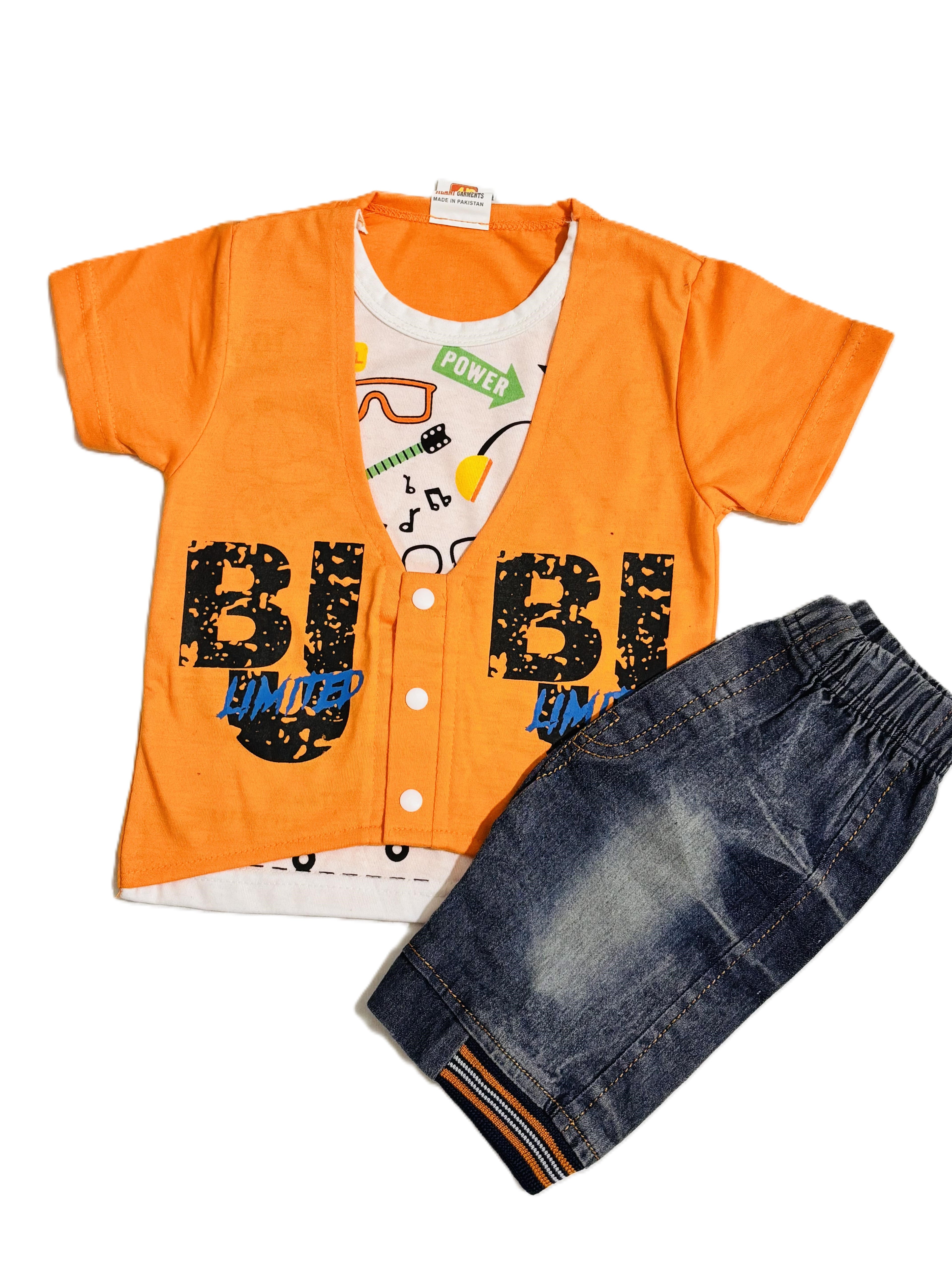 Boys Orange Outfit Set – Printed T-Shirt, Shorts & Open Shirt