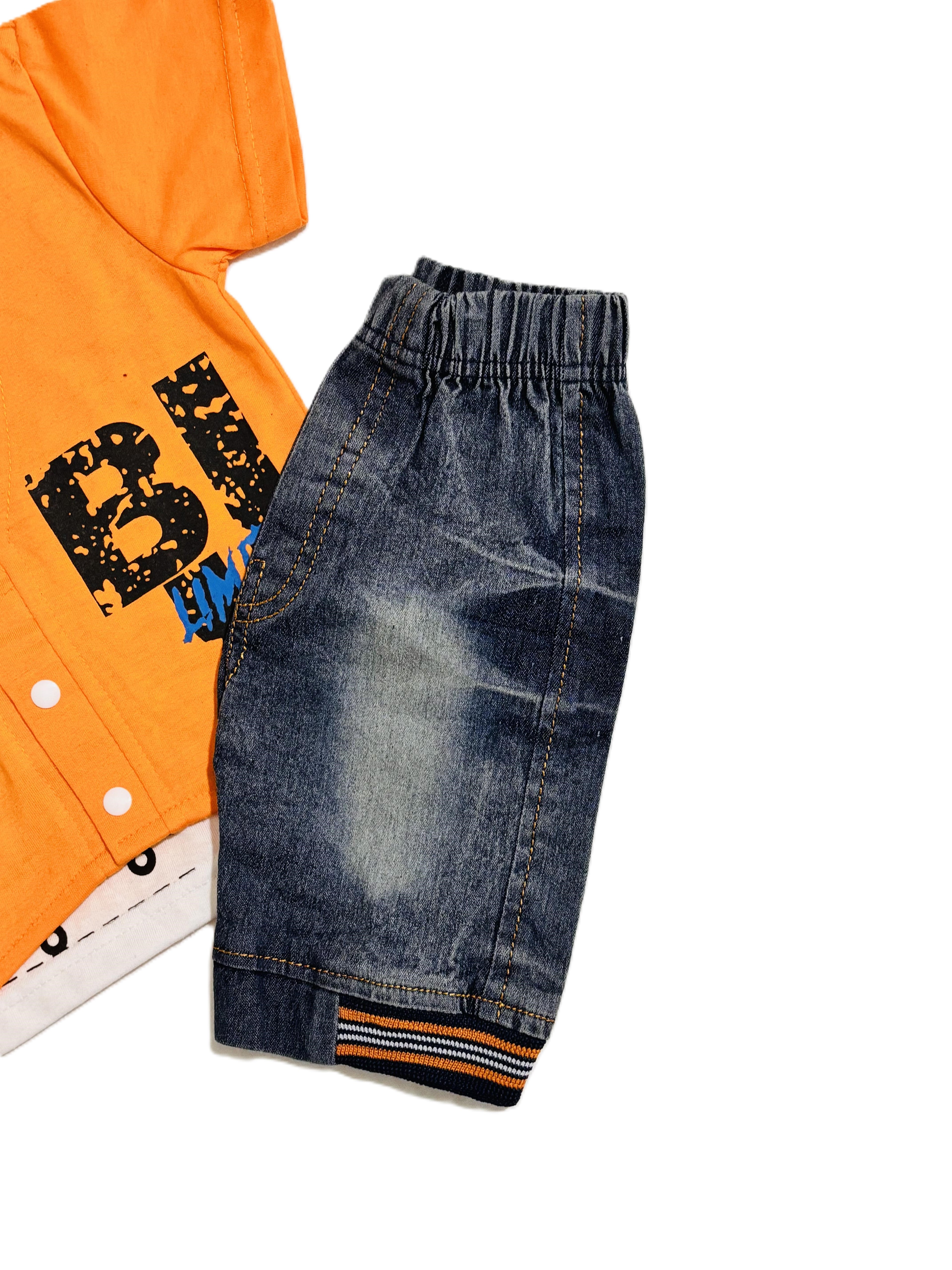 Boys Orange Outfit Set – Printed T-Shirt, Shorts & Open Shirt