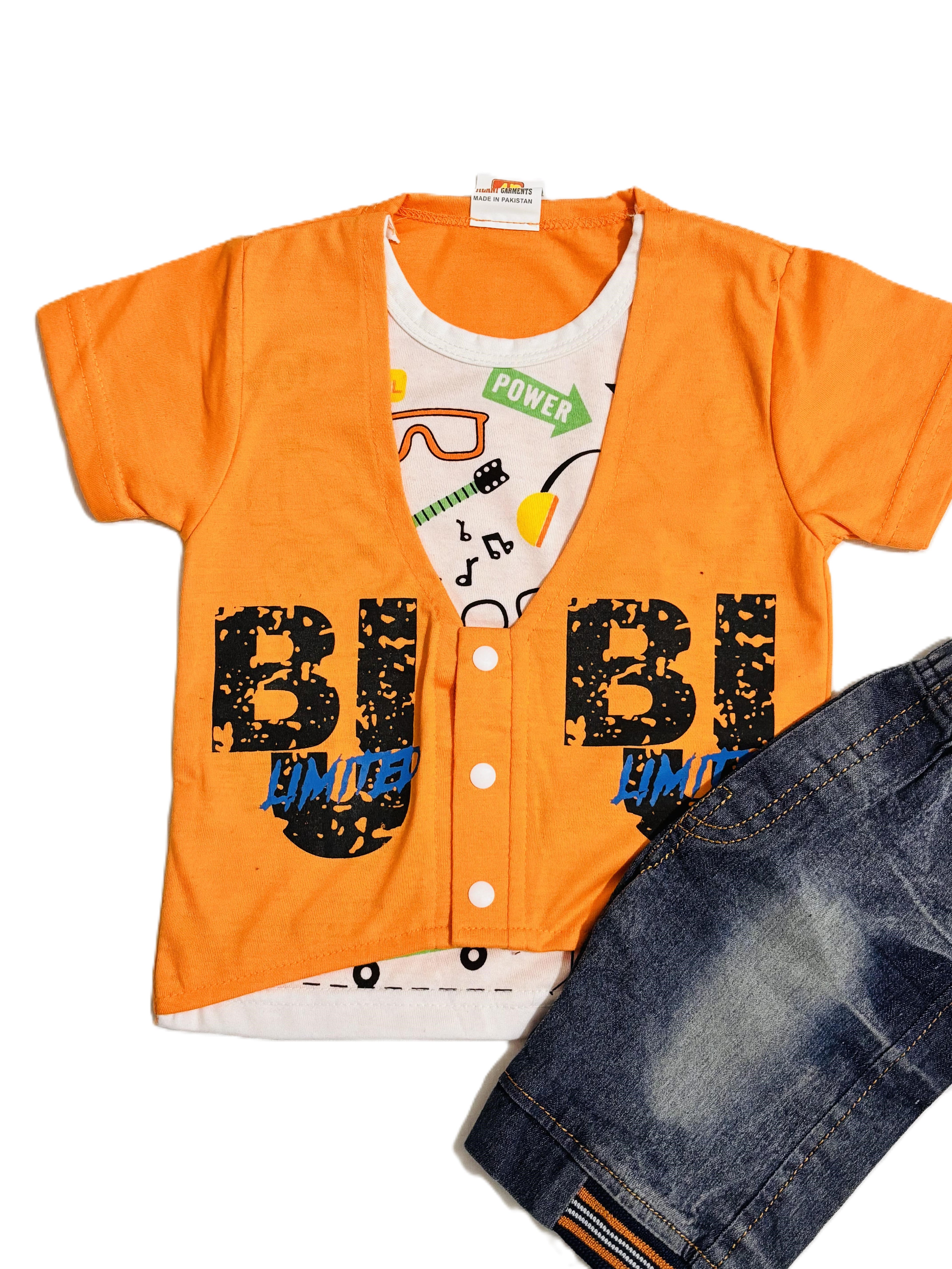 Boys Orange Outfit Set – Printed T-Shirt, Shorts & Open Shirt