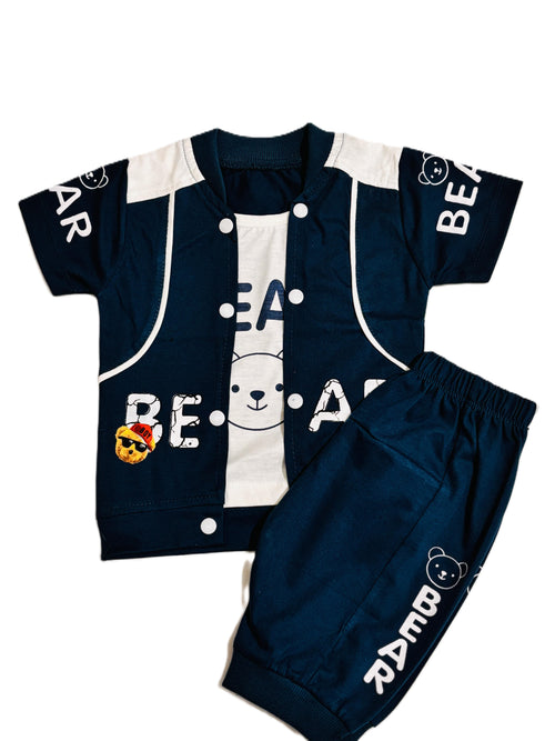Boys Dark blue & white Outfit Set – Printed T-Shirt, Shorts & Open Shirt