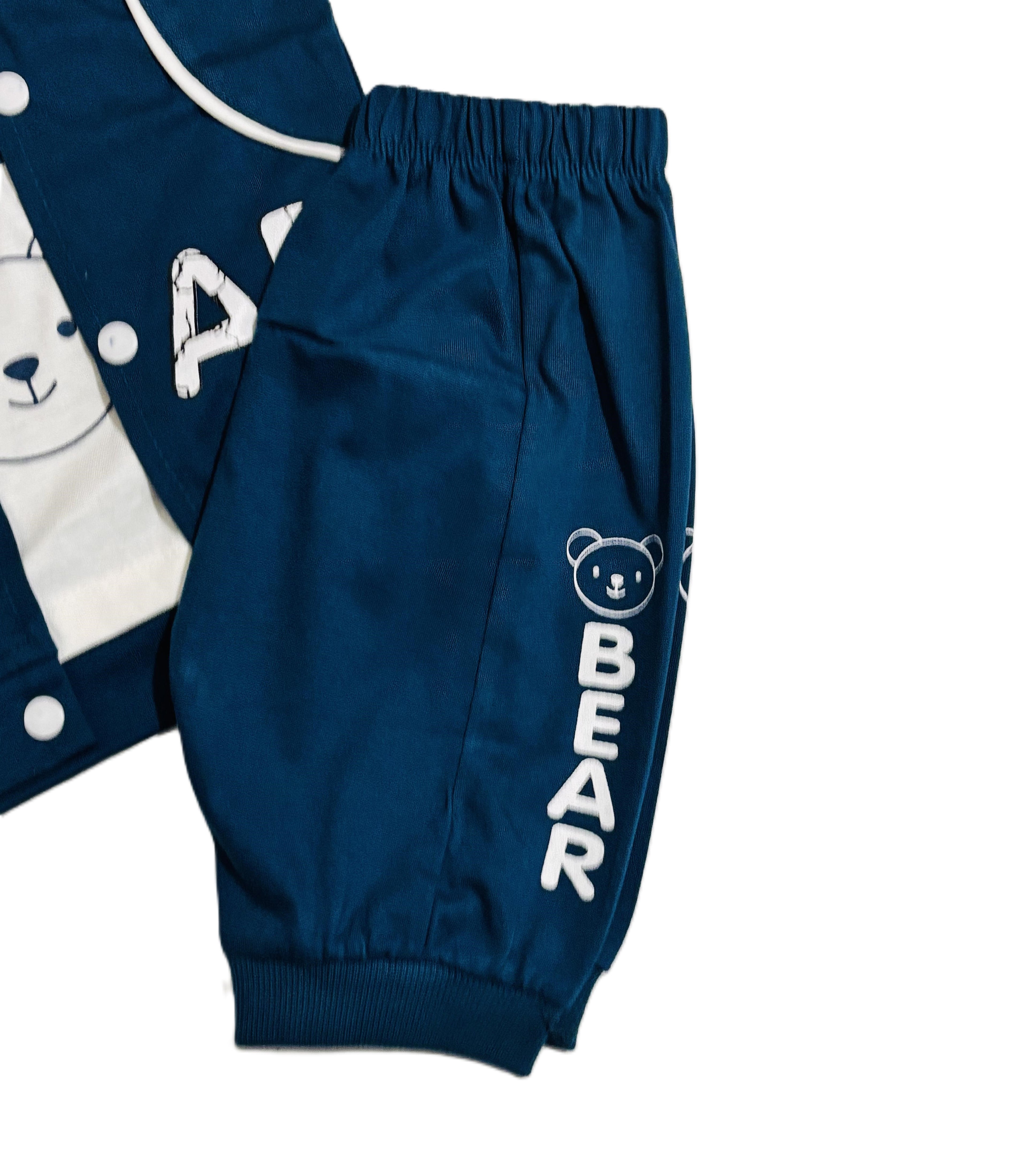Boys Dark blue & white Outfit Set – Printed T-Shirt, Shorts & Open Shirt