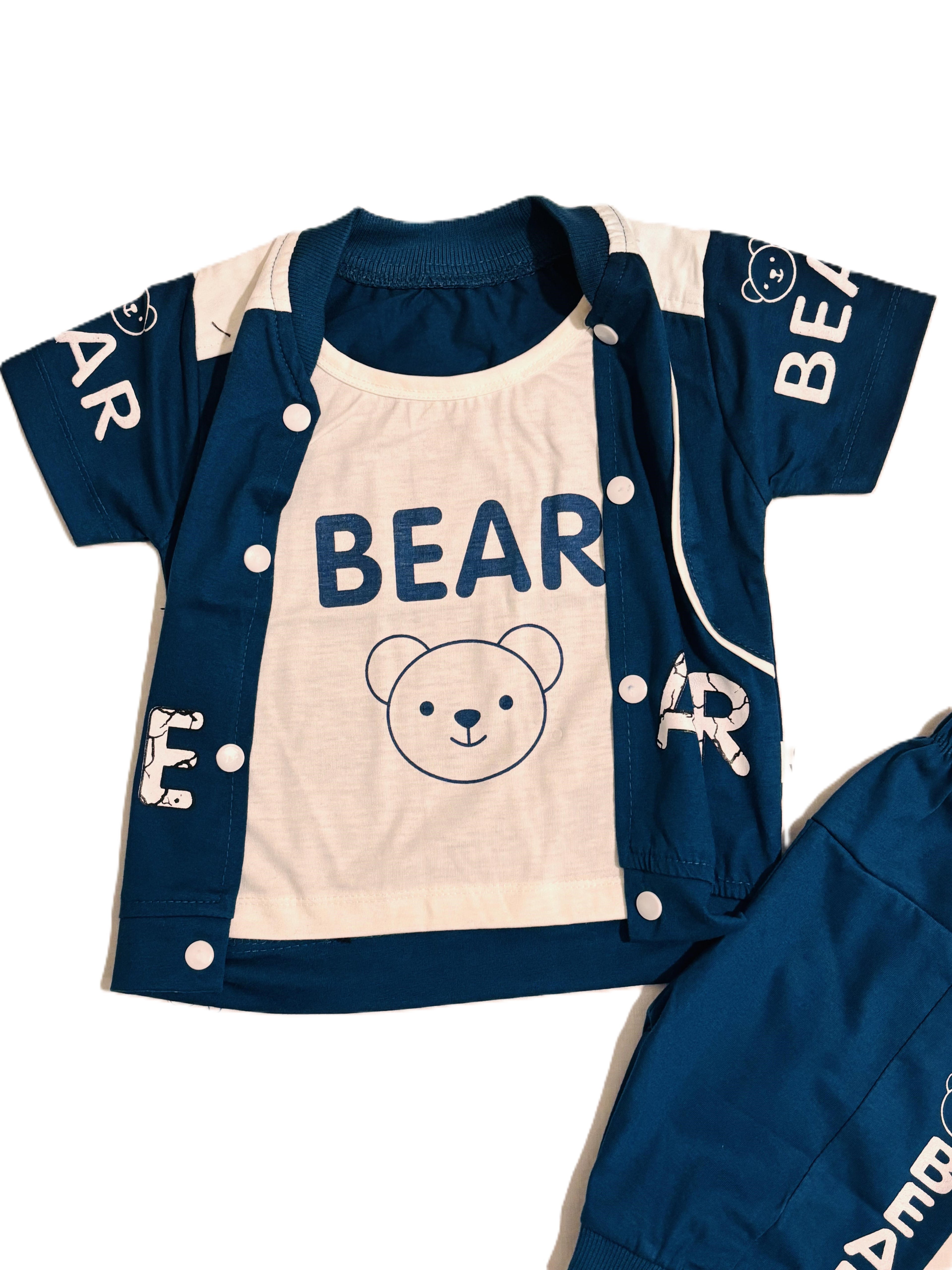 Boys Dark blue & white Outfit Set – Printed T-Shirt, Shorts & Open Shirt