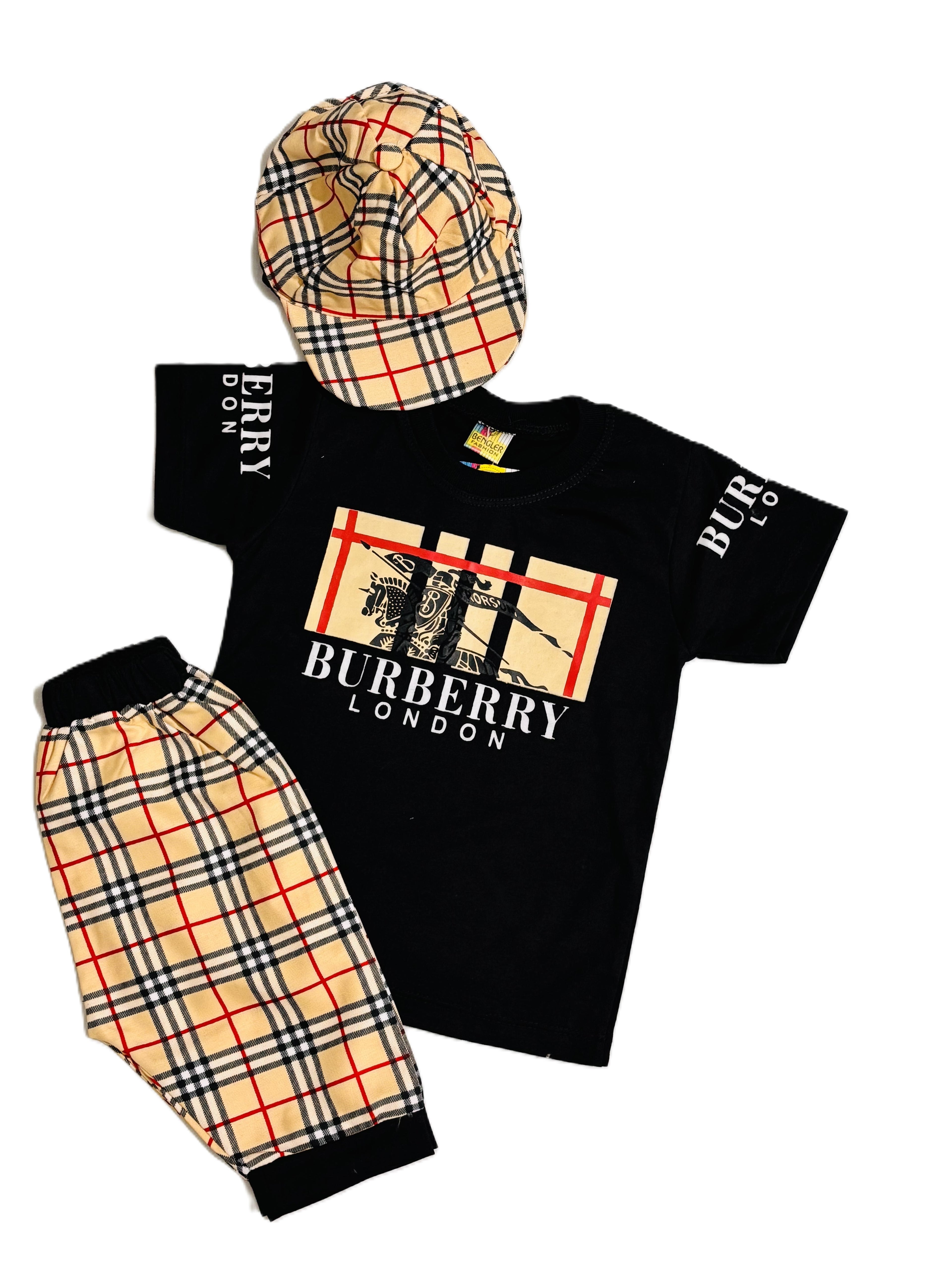 Stylish Burberry Inspired Kids Outfit – Black T-Shirt, Checked Pants & Cap Set