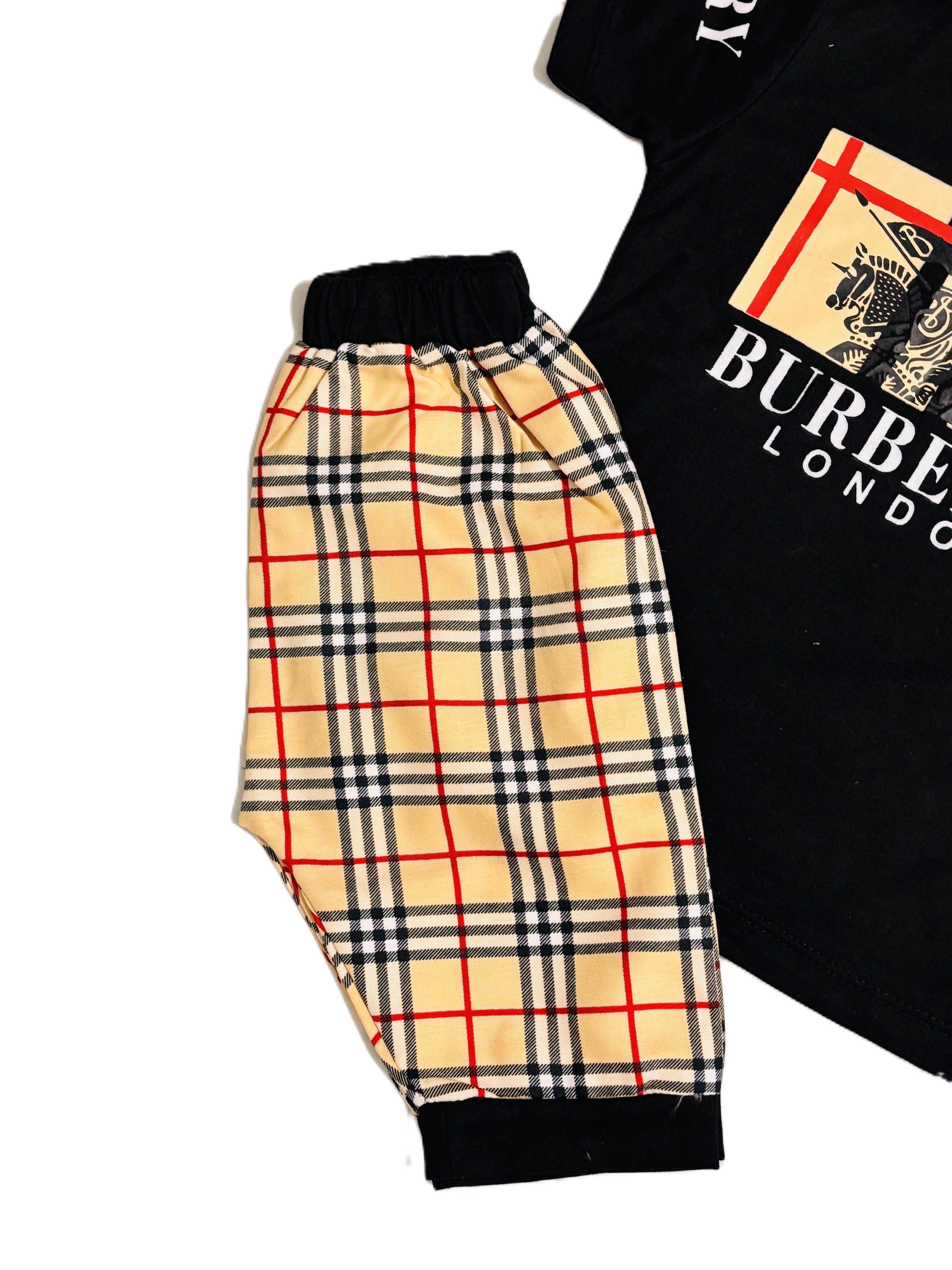 Stylish Burberry Inspired Kids Outfit – Black T-Shirt, Checked Pants & Cap Set