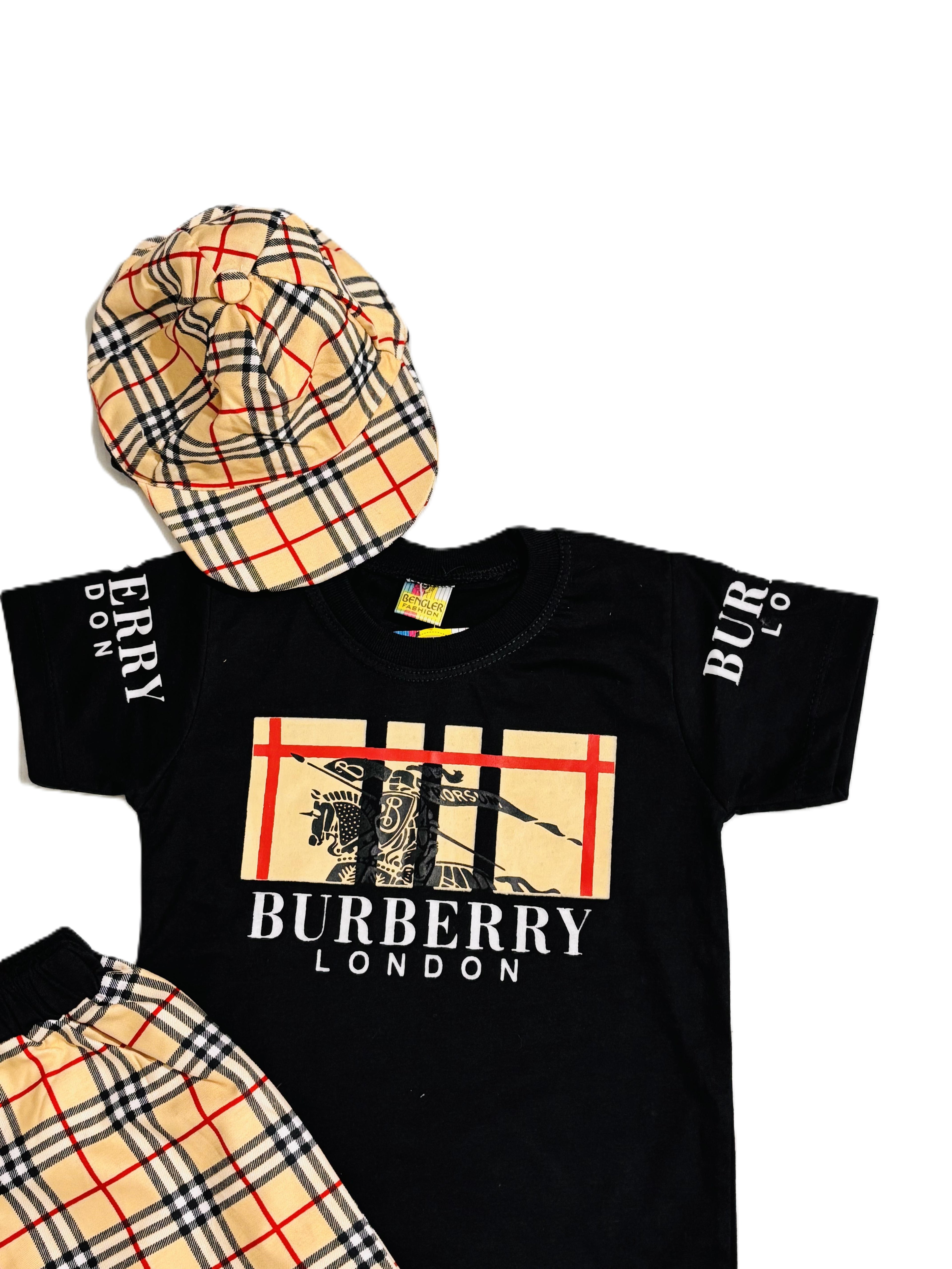 Stylish Burberry Inspired Kids Outfit – Black T-Shirt, Checked Pants & Cap Set