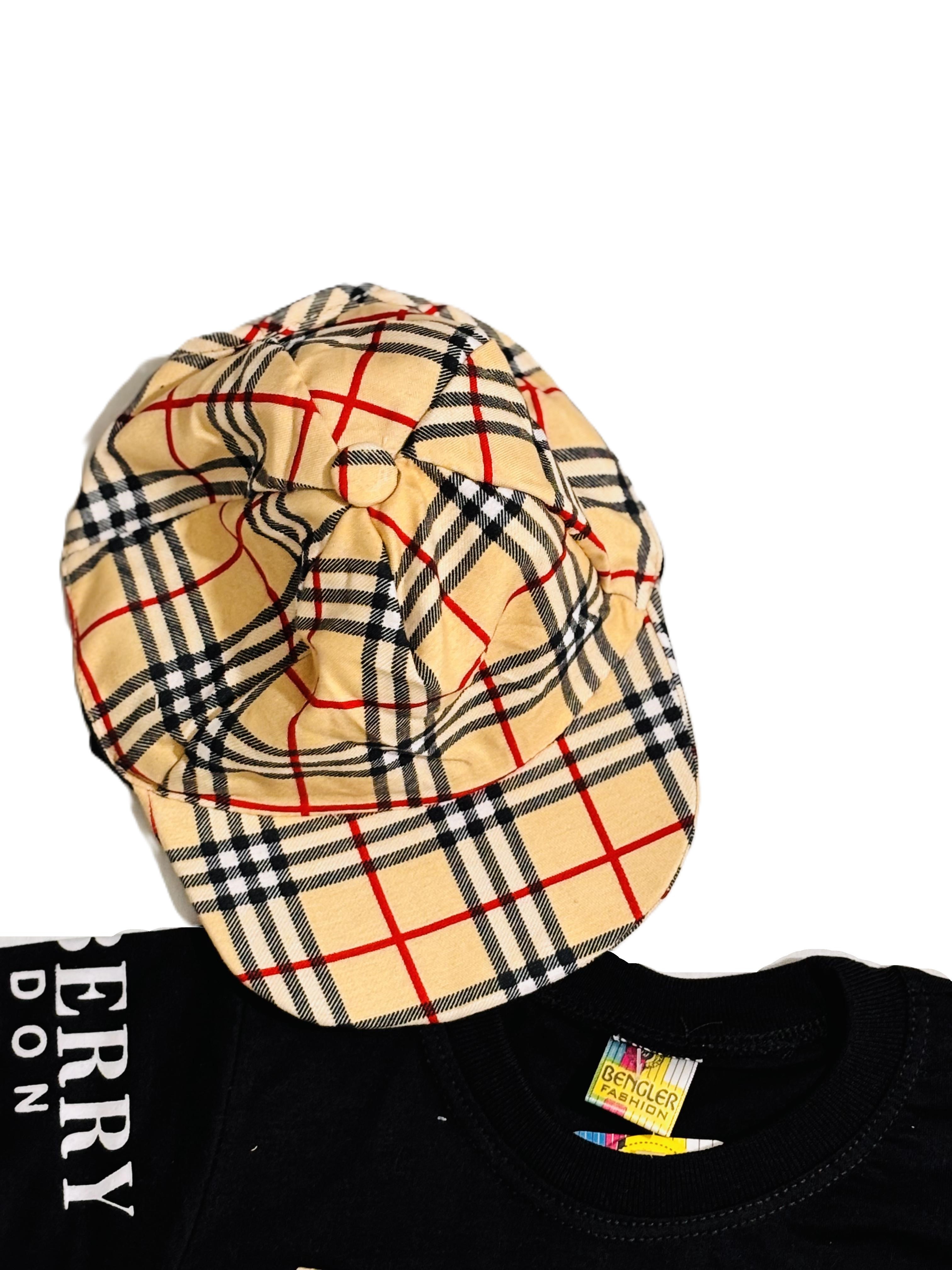 Stylish Burberry Inspired Kids Outfit – Black T-Shirt, Checked Pants & Cap Set