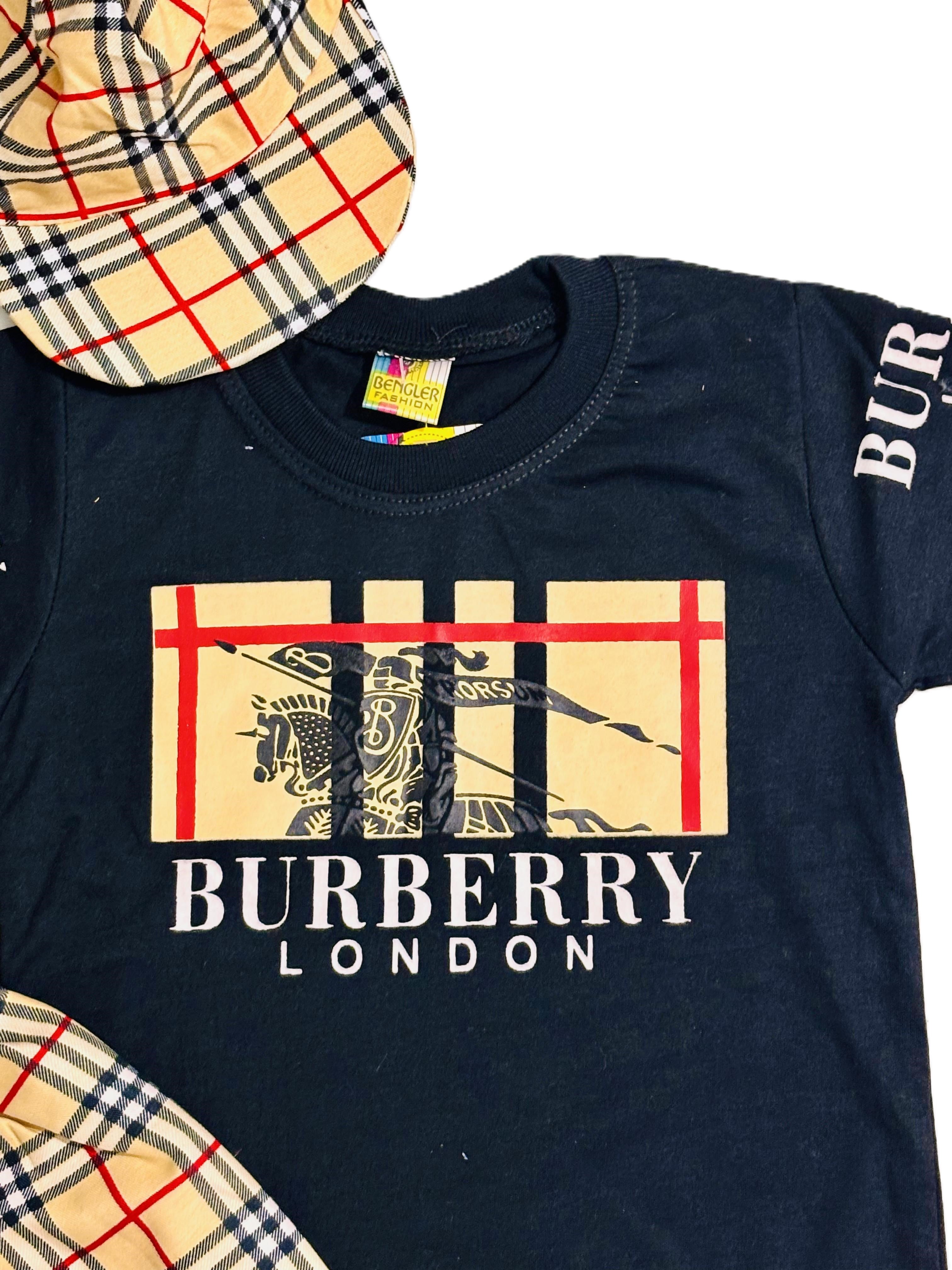 Stylish Burberry Inspired Kids Outfit – Black T-Shirt, Checked Pants & Cap Set